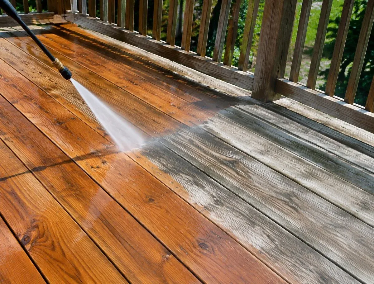 Pressure washing a wooden deck with a visible clean strip