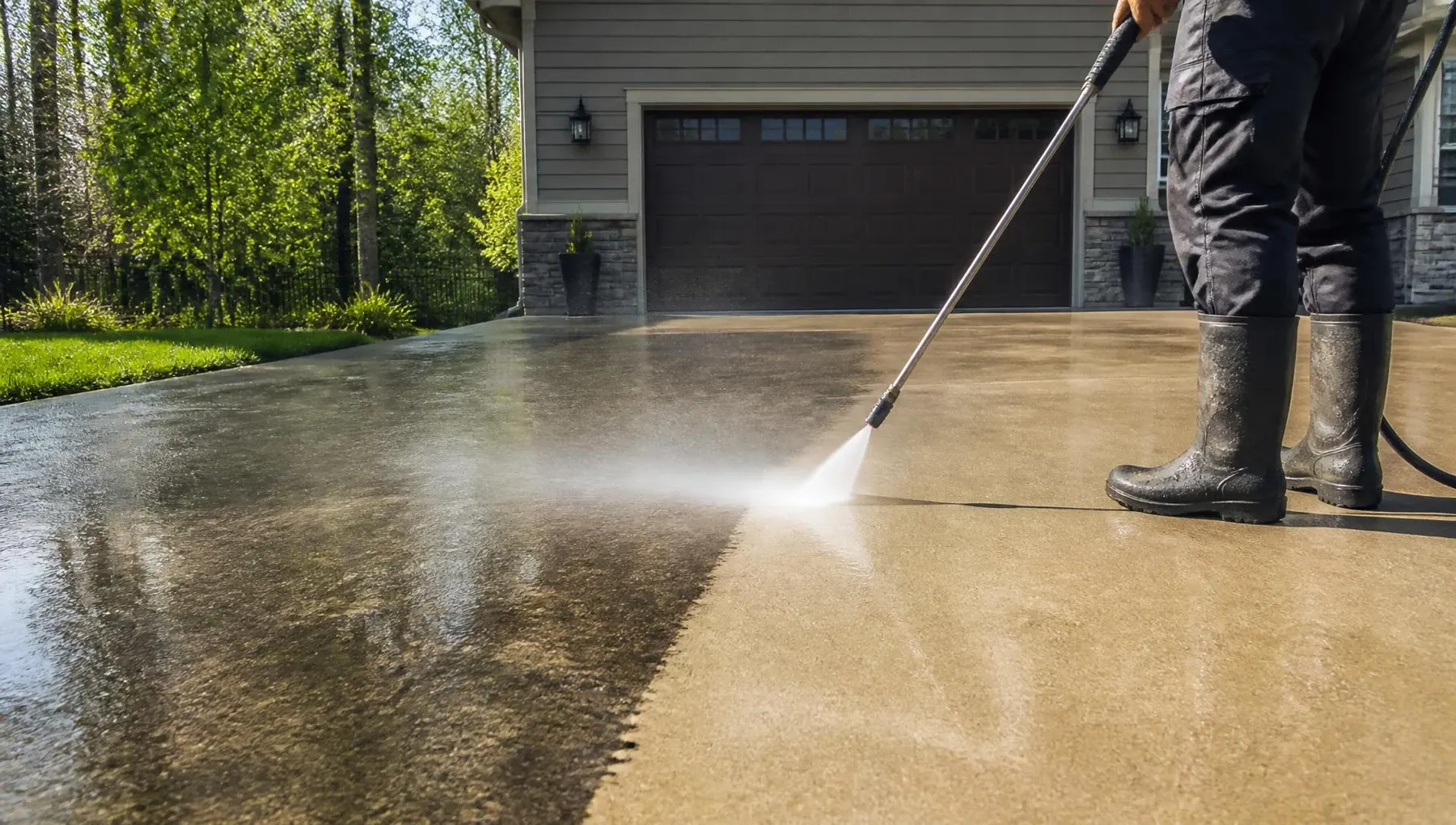 Pressure washing a residential concrete driveway