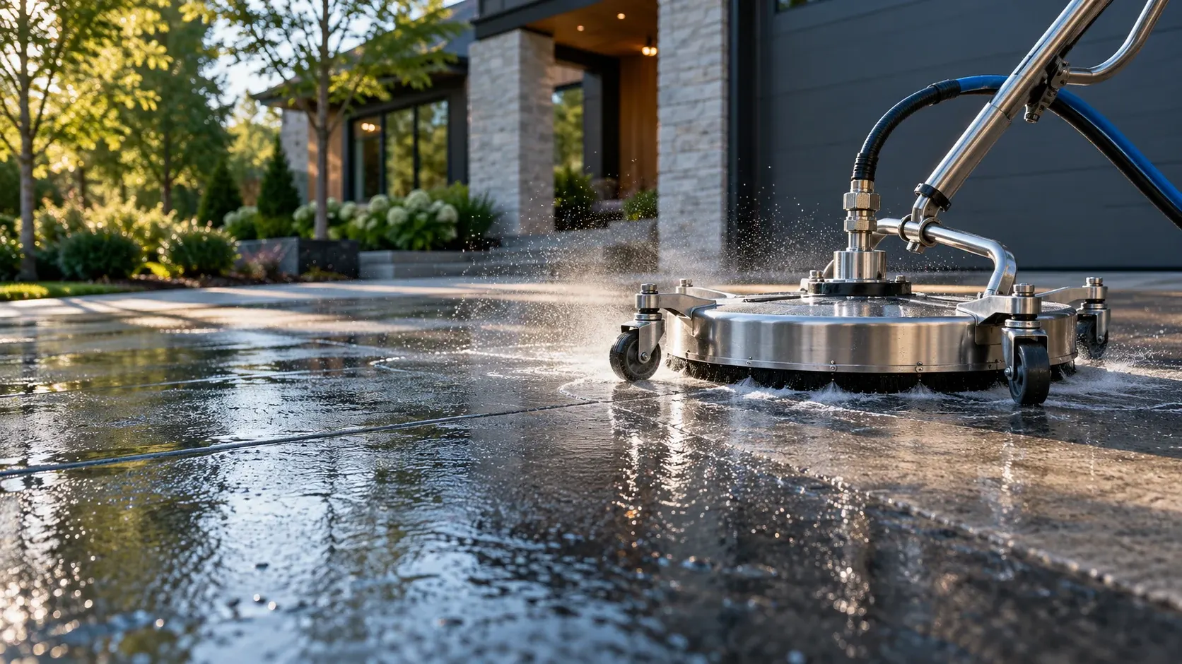 Illustration of a professional surface cleaner washing a wet driveway