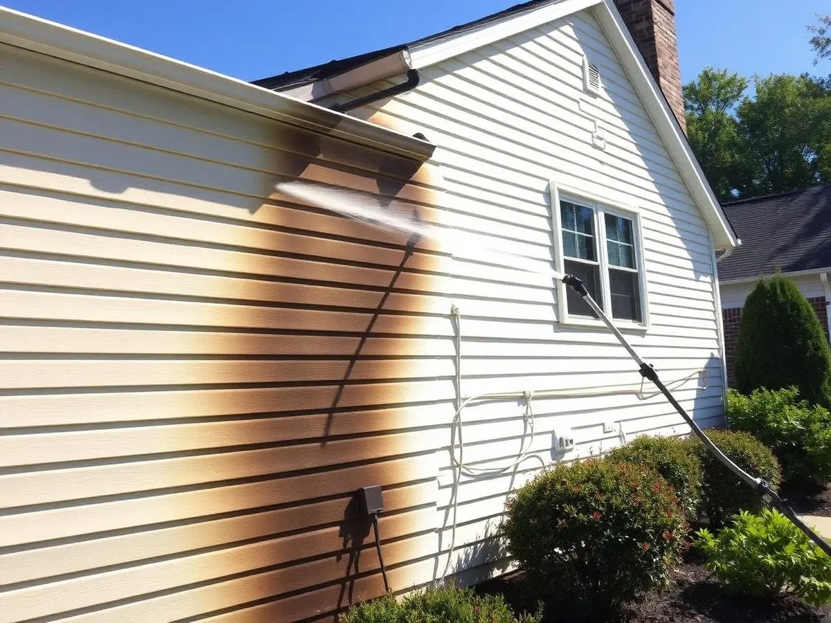 Pressure washing exterior house siding with a visible clean section