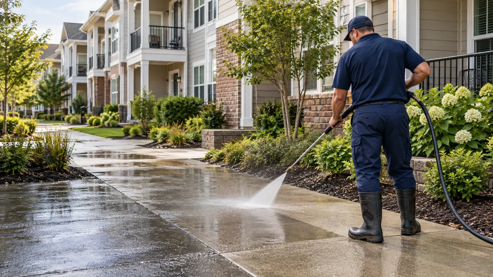 Illustration of a technician pressure washing a walkway at a residential property complex