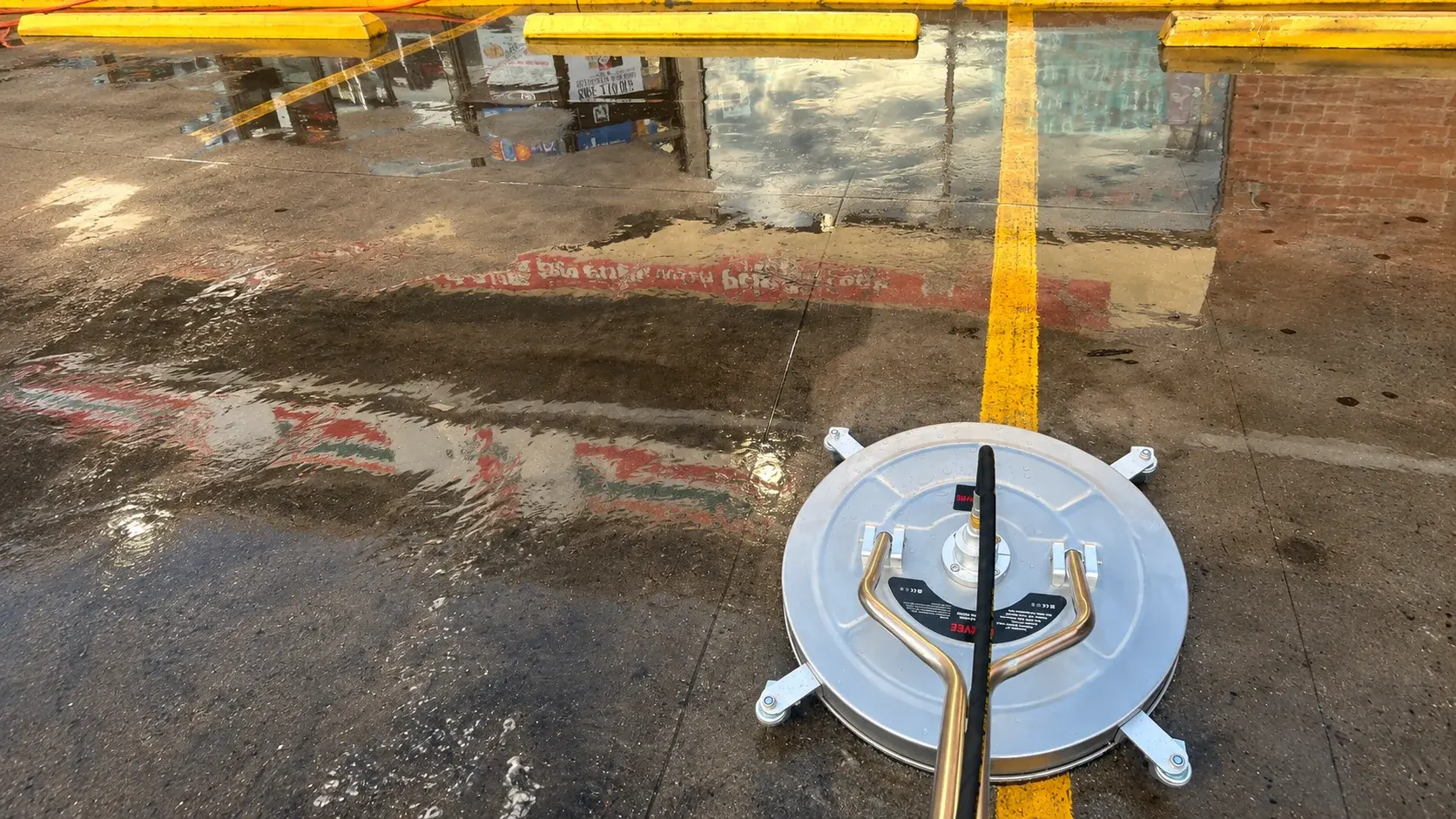 Surface-cleaning equipment on wet marked concrete